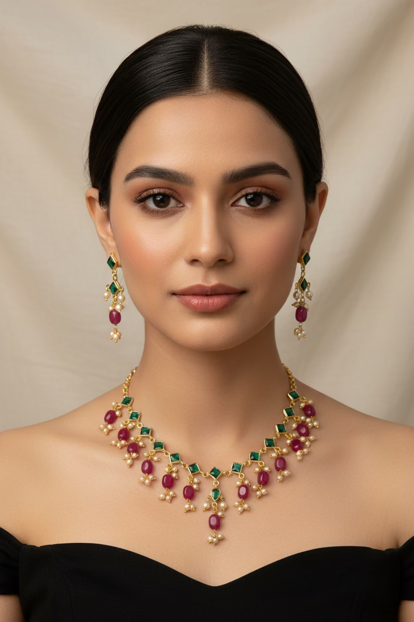 Traditional Ruby & Green Stone Necklace Set with Earrings