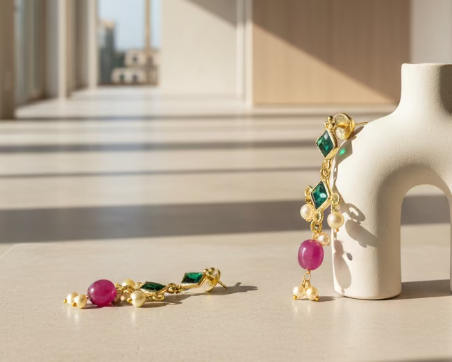 Gold earrings with green, red, and pearl-like beads on a white background