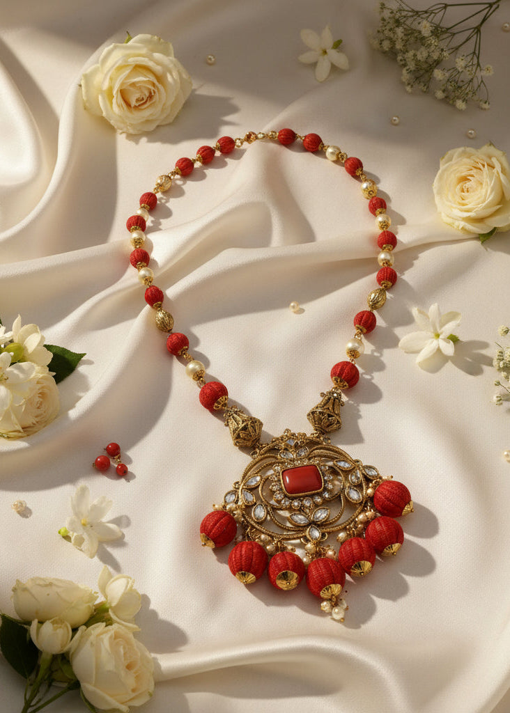 Necklace with red beads and gold accents on a white fabric background