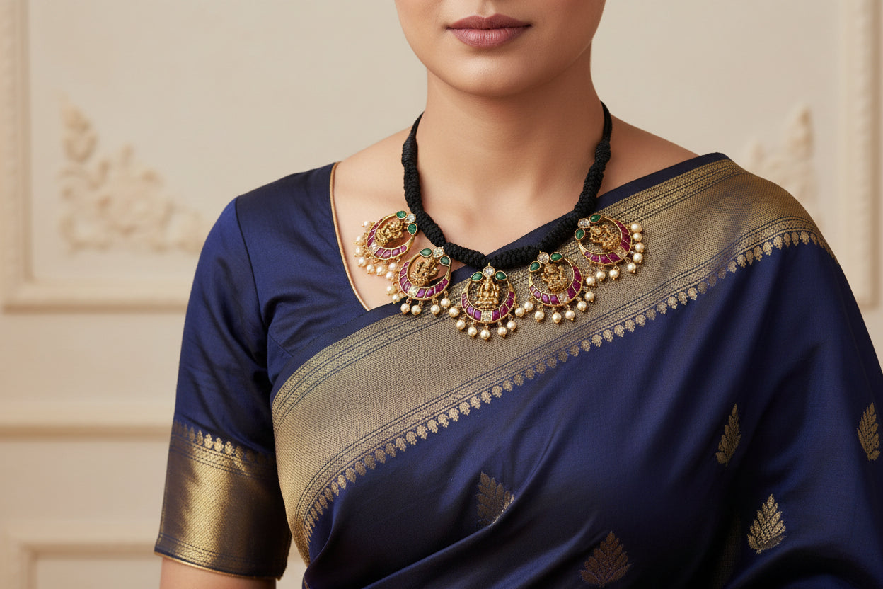 Black thread necklace with gold and red pendant on a white fabric background