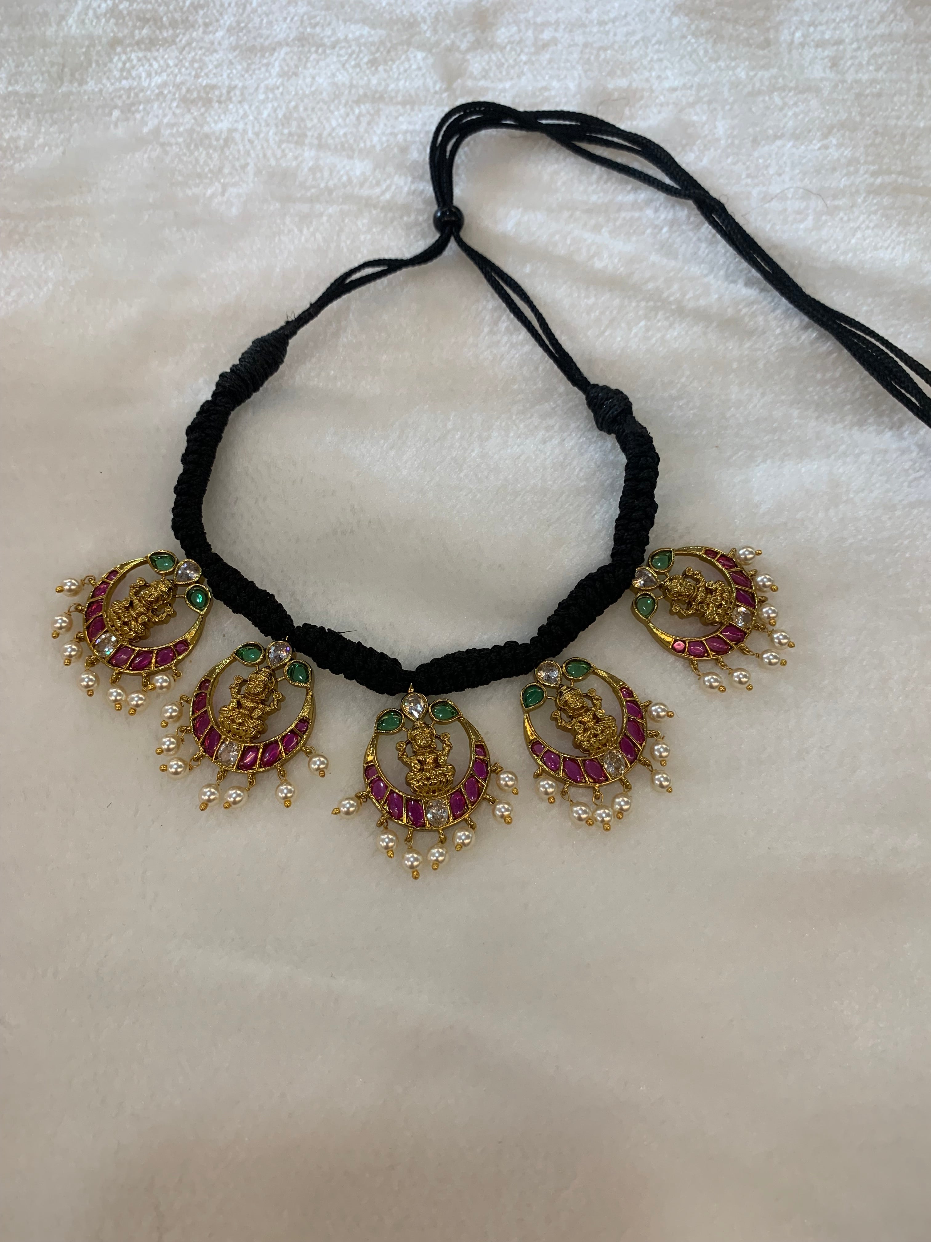Lakshmi Temple Pendant Thread Choker Necklace with Pearl Drops