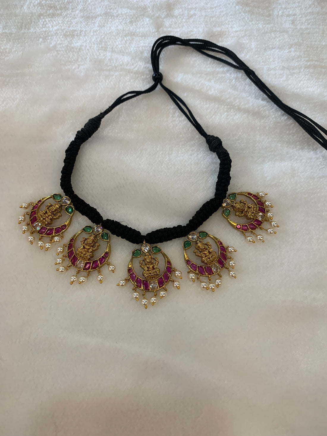 Lakshmi Temple Pendant Thread Choker Necklace with Pearl Drops