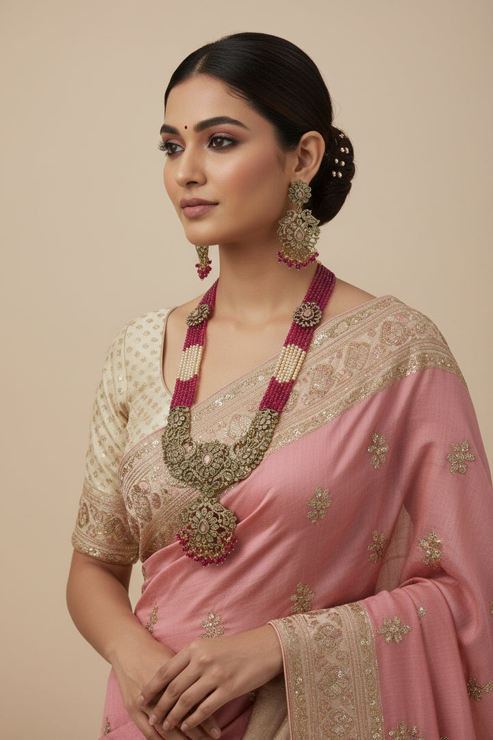 Royal Pink Beaded Kundan Bridal Necklace Set