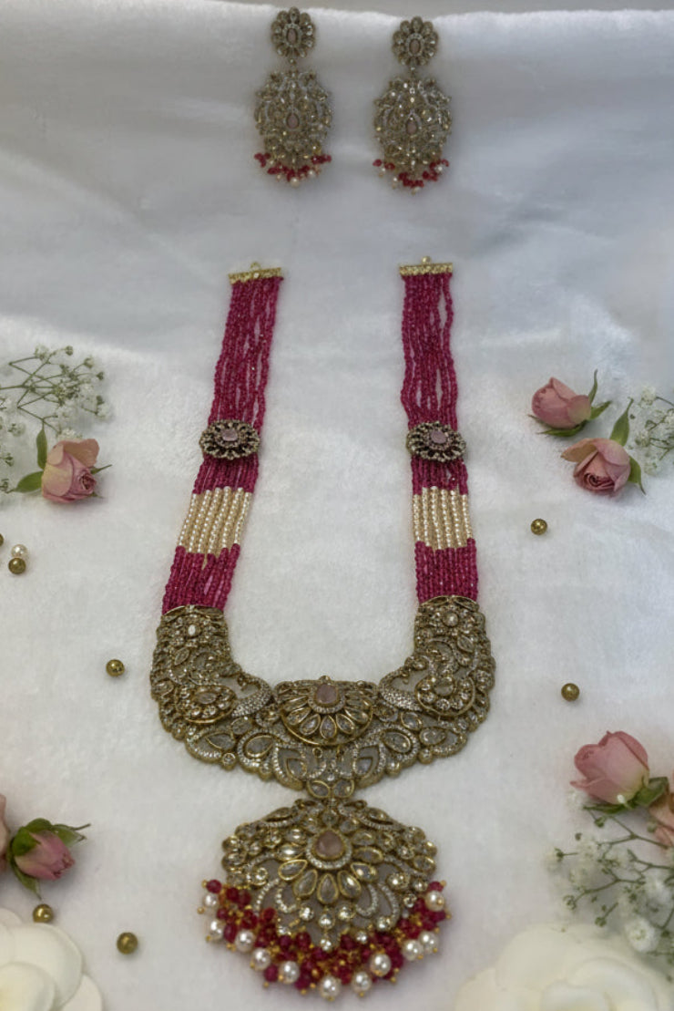 Royal Pink Beaded Kundan Bridal Necklace Set