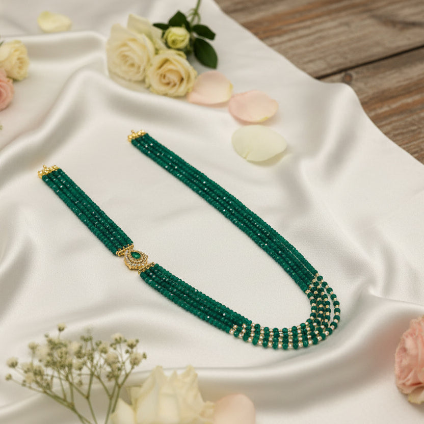 Designer Multi-Strand Green Crystal Necklace with Elegant Pearl Finish