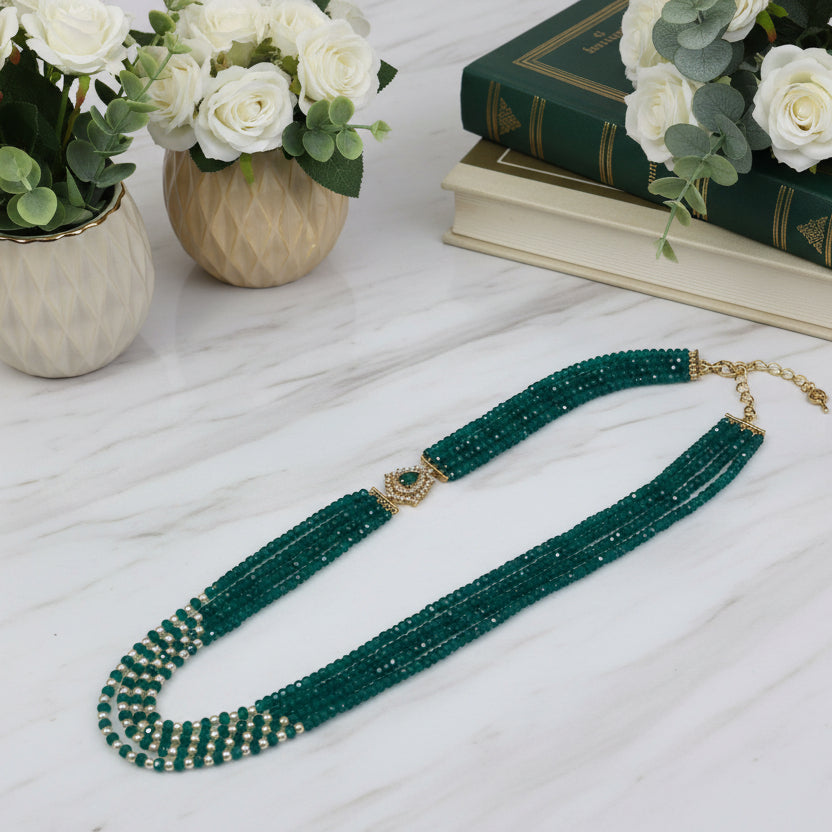 Designer Multi-Strand Green Crystal Necklace with Elegant Pearl Finish