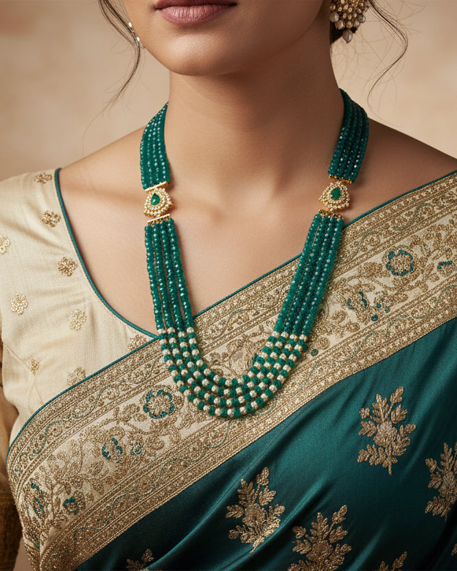 Designer Multi-Strand Green Crystal Necklace with Elegant Pearl Finish