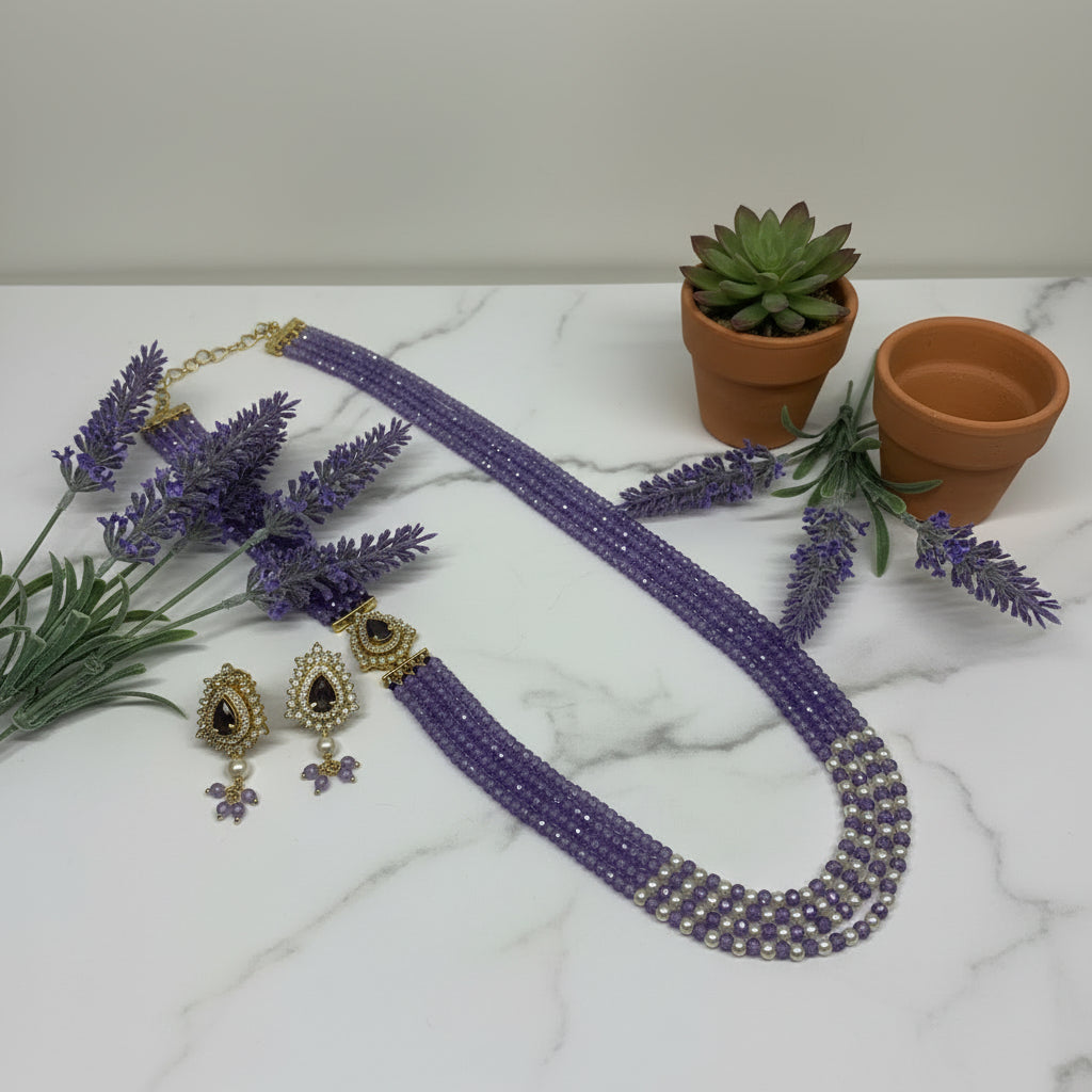 Elegant Lavender Multi-Strand Beaded Necklace Set with Earrings