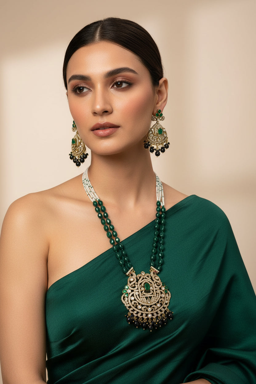 Royal Emerald Green Beaded Multi-Strand Necklace Set with CZ Stone Pendant & Jhumka Earrings