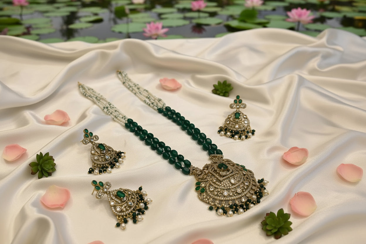 Decorative jewelry set with green beads and gold embellishments on a white fabric background