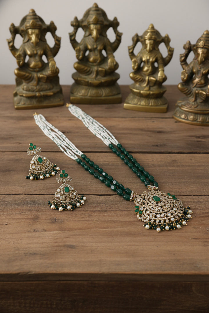 Royal Emerald Green Beaded Multi-Strand Necklace Set with CZ Stone Pendant & Jhumka Earrings