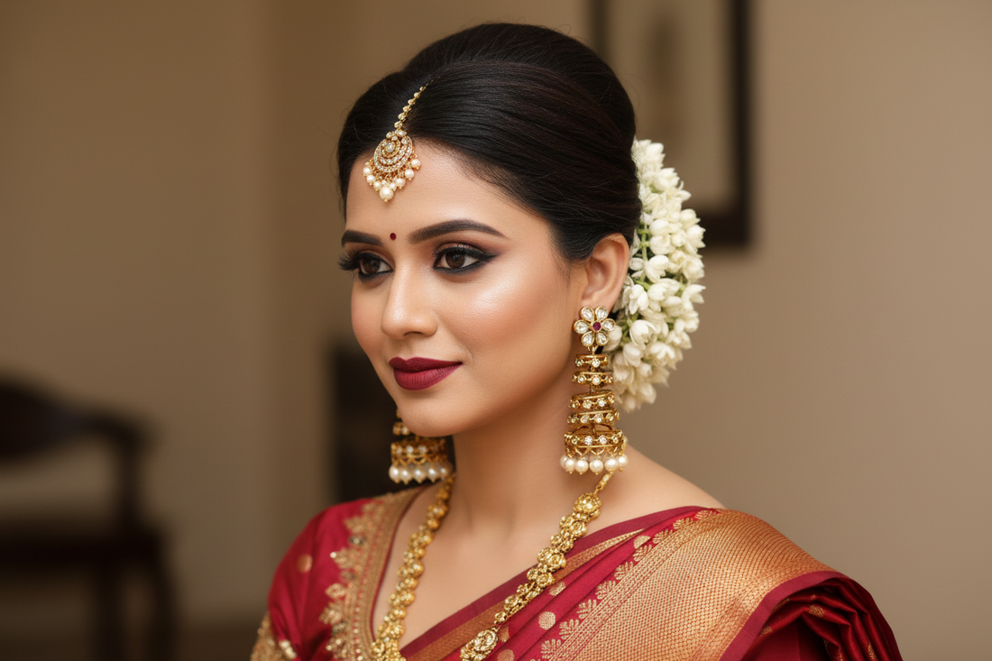 Pair of gold earrings with floral designs and pearl accents on a white background