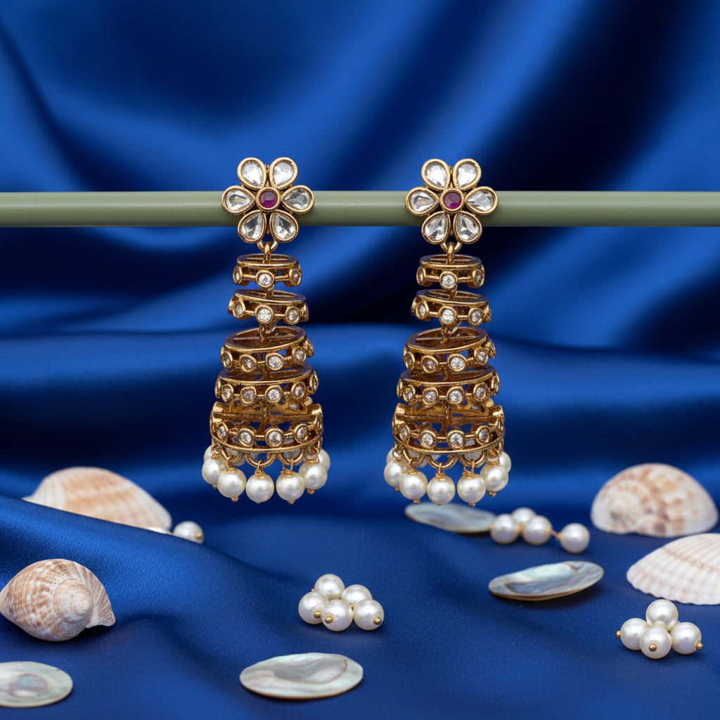 Gold Spiral Jhumka Earrings with Pearl Drops