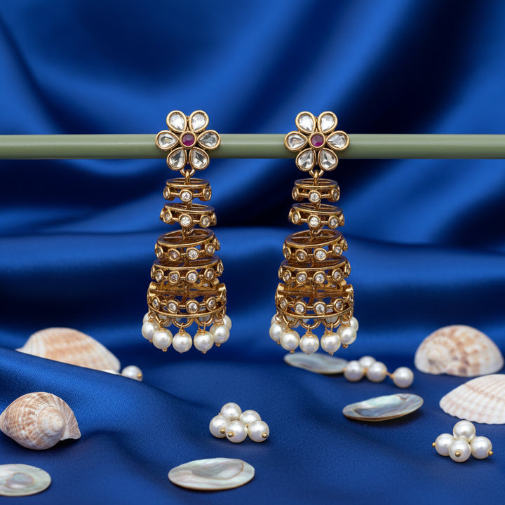 Gold Spiral Jhumka Earrings with Pearl Drops